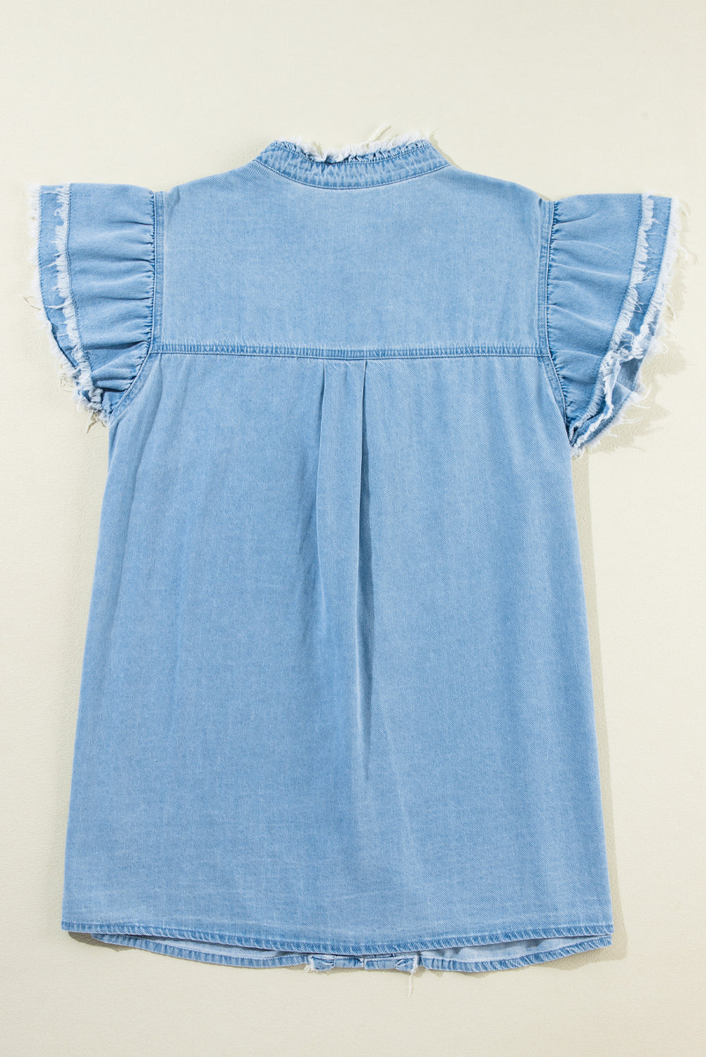 Dusk Blue Ruffled Sleeve Button Up Frayed Plus Size Denim Top