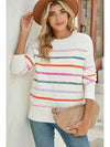 Black Colorful Striped Ribbed Trim Round Neck Sweater