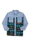 Blue Vintage Geometric Print Raw Hem Denim Jacket