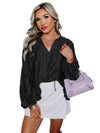 Black Textured Bubble Sleeve V Neck Loose Blouse