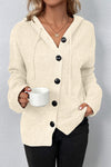 Black Button Up Drop Shoulder Knit Hooded Cardigan