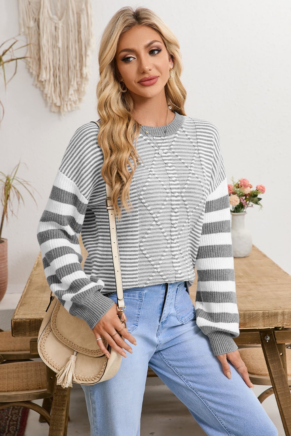 Red Stripe Twisted Knitted Drop Shoulder Sweater