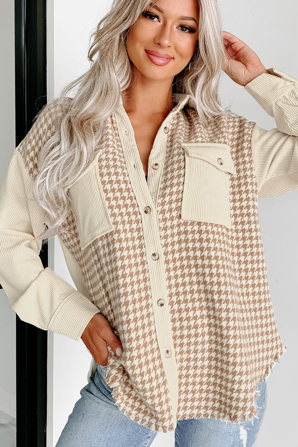 Parchment Houndstooth Corduroy Patchwork Flap Pocket Shacket