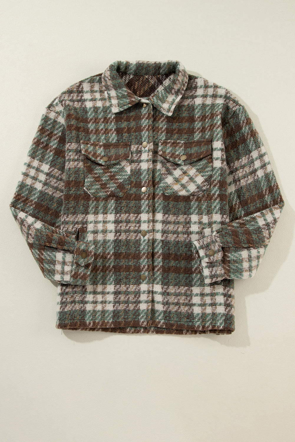 Cinnamon Plaid Print Chest Pockets Turn Down Collar Shacket