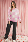 Pink Checked Bishop Sleeve Pullover Sweater