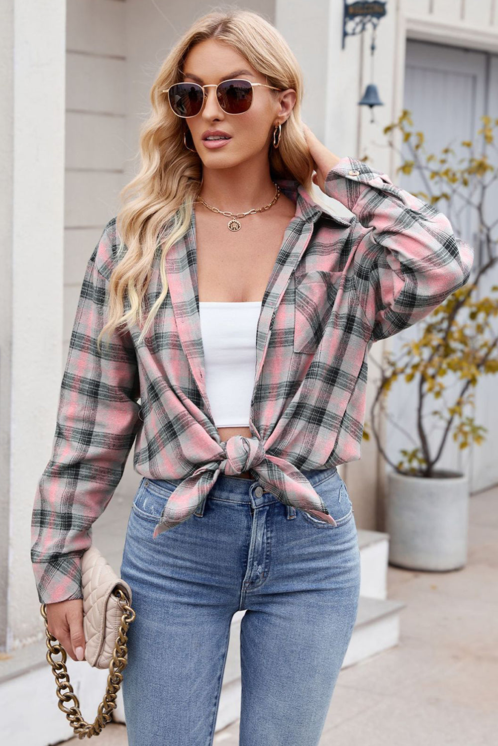 Pink Plaid Print Button Up Round Hem Shirt