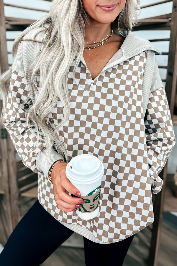Khaki Checkered Print Quarter Zip Ribbed Patchwork Loose Sweatshirt