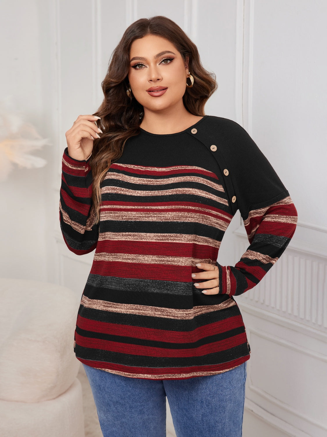 Honey Plus Size Decorative Button Striped Round Neck Long Sleeve T-Shirt