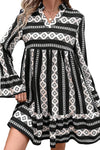 Black Boho Geometric Printed Flared Long Sleeve Mini Dress - Cocoa Yacht Club