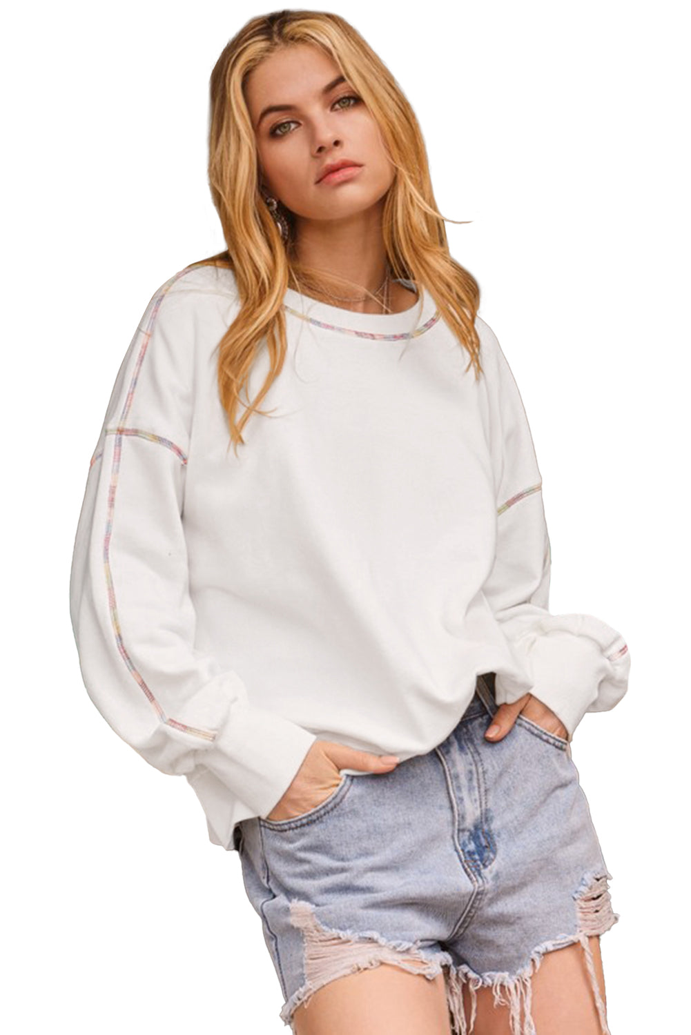 White Contrast Rainbow Trim Drop Shoulder Pullover Sweatshirt