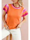 Bright Pink Contrast Sleeve Striped Round Neck Knitted Tee