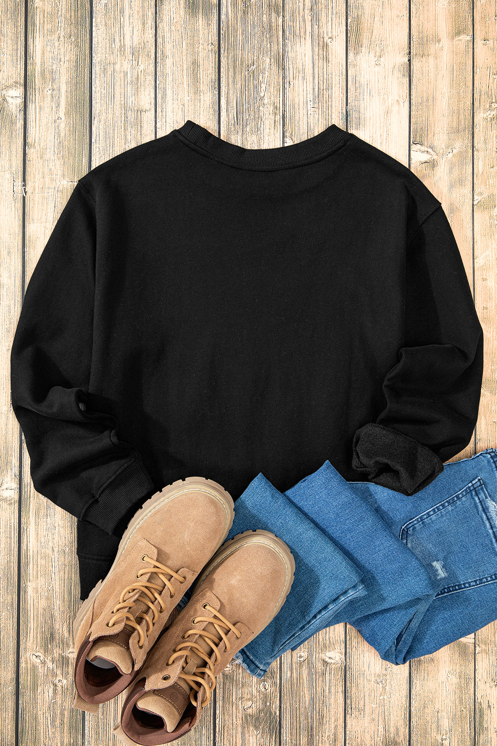 Black Solid Color Drop Shoulder Terry Sweatshirt