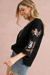 Black Floral Embroidered Sleeve Bohemian V Neck Blouse