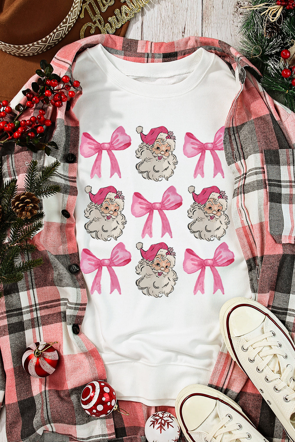 Beige Christmas Claus Bowknot Graphic Crewneck Sweatshirt