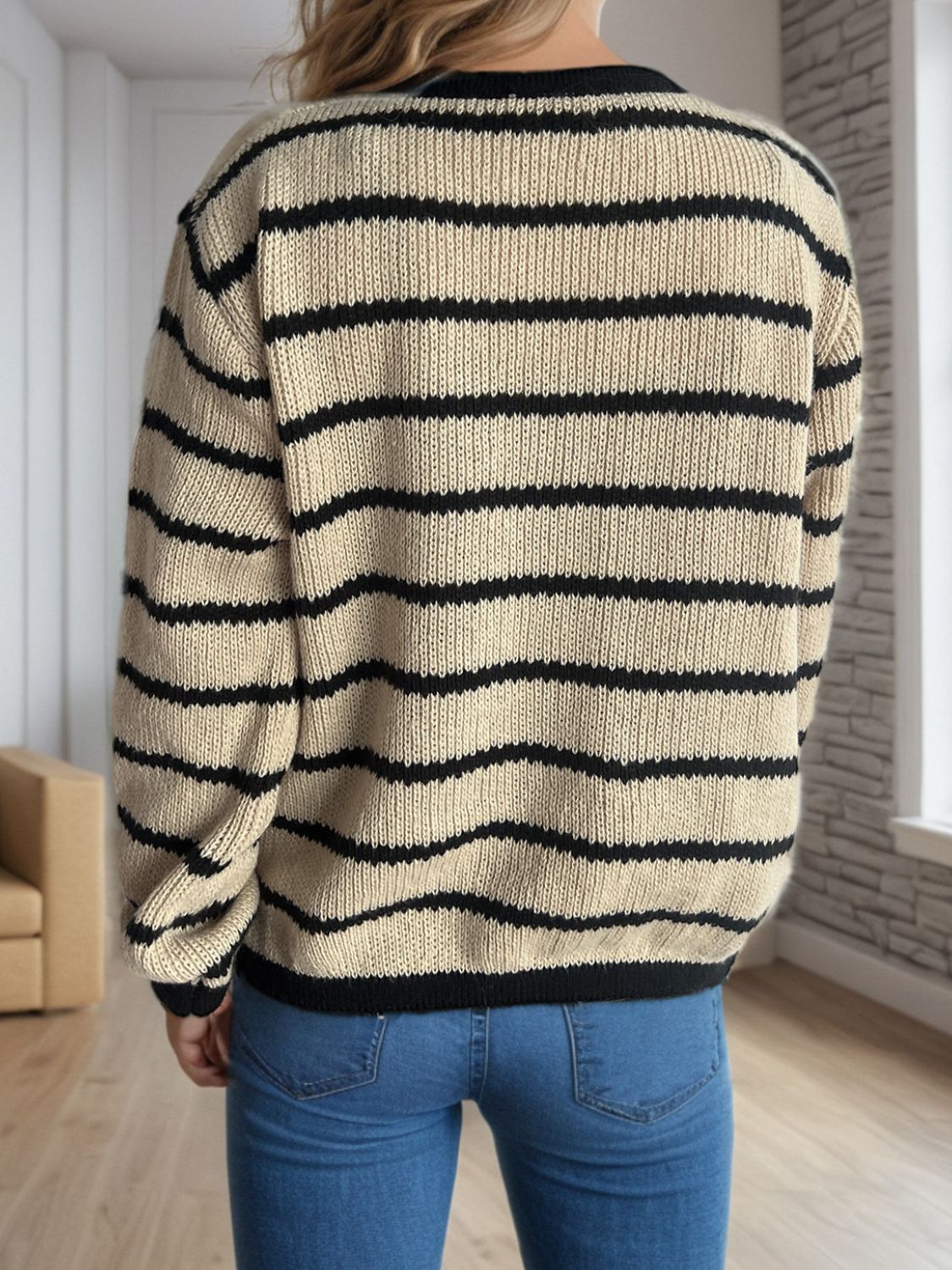 Striped Round Neck Long Sleeve Cardigan