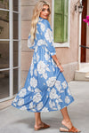 Sky Blue Floral Print Puff Sleeve Collared Dress