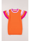 Bright Pink Contrast Sleeve Striped Round Neck Knitted Tee