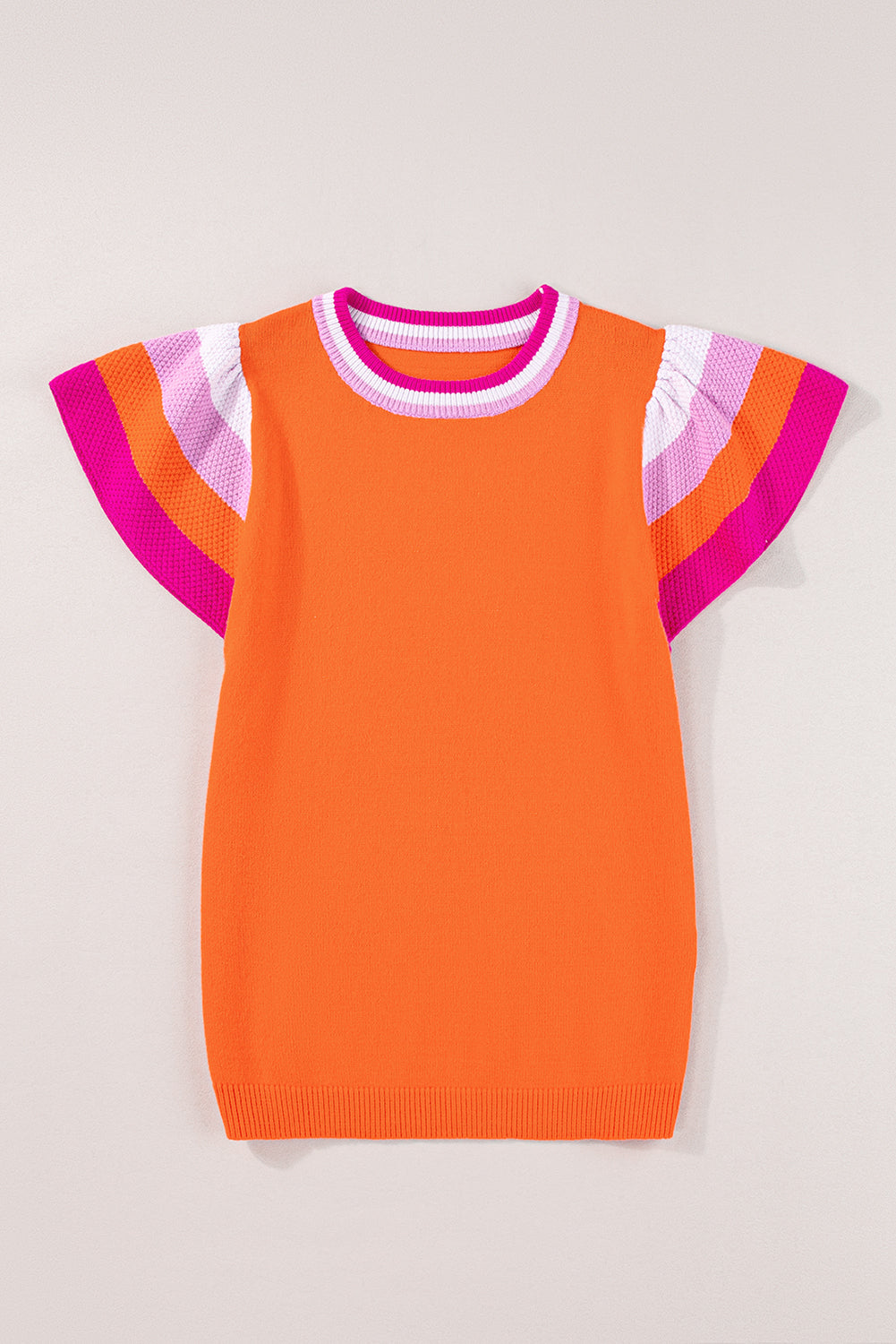 Bright Pink Contrast Sleeve Striped Round Neck Knitted Tee