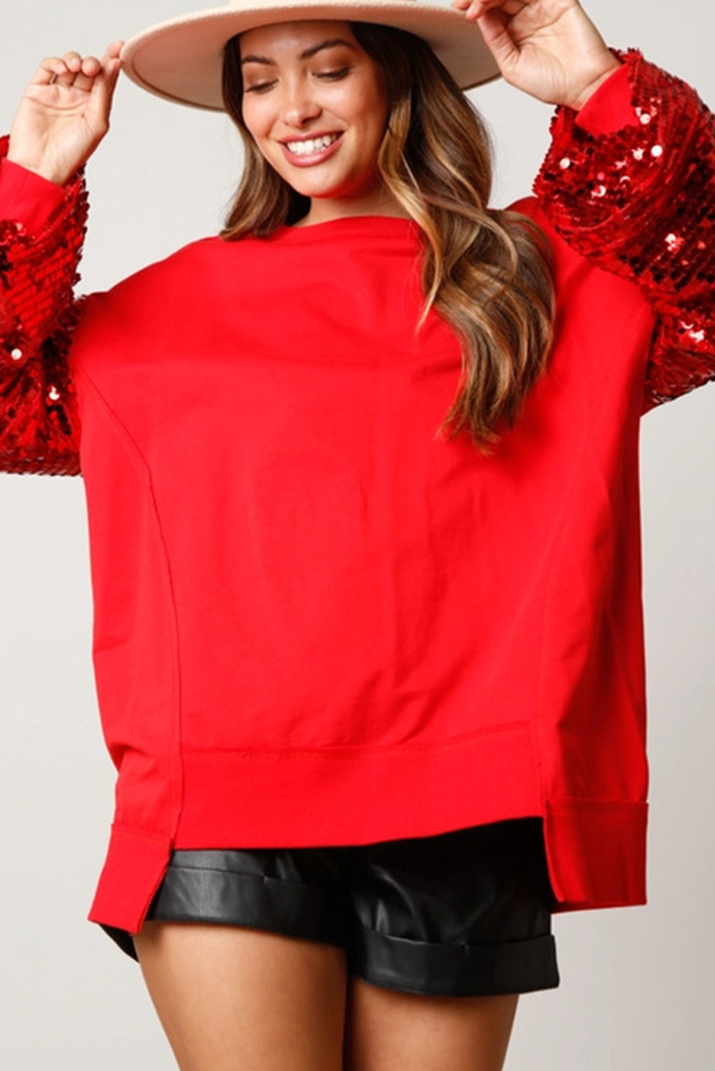 Fiery Red Christmas Sequin Lantern Sleeve Sweatshirt