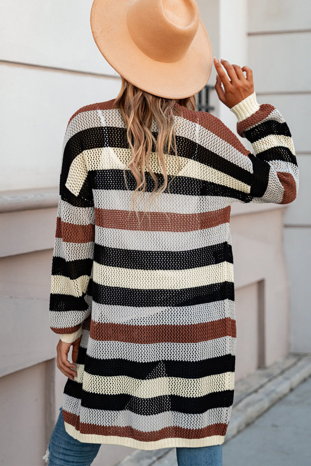 Black Striped Color Block Casual Hollow Cable Knit Cardigan