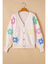 Beige Cute Flower V Neck Buttoned Plus Size Cardigan