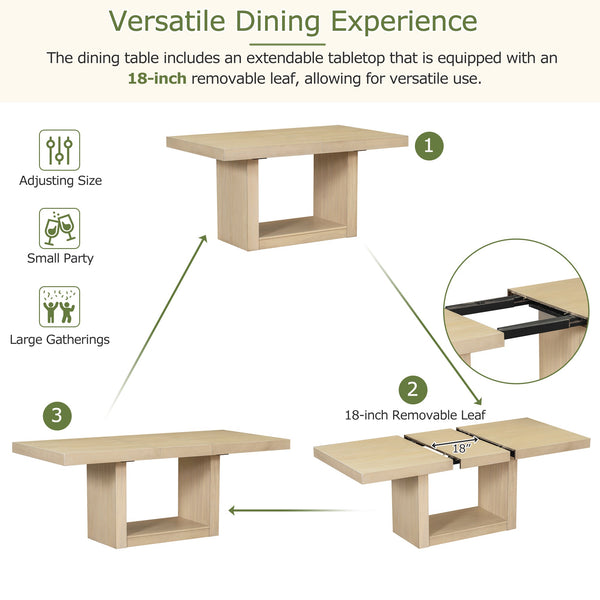 TOPMAX Contemporary 6-Piece 78inch Extendable Pedestal Dining Table Set with 18inch Removable Leaf and Dining Bench, 4 Upholstered Dining Chairs, Natural