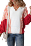 White Striped Color Block Collared V Neck Oversized Sweatshirt