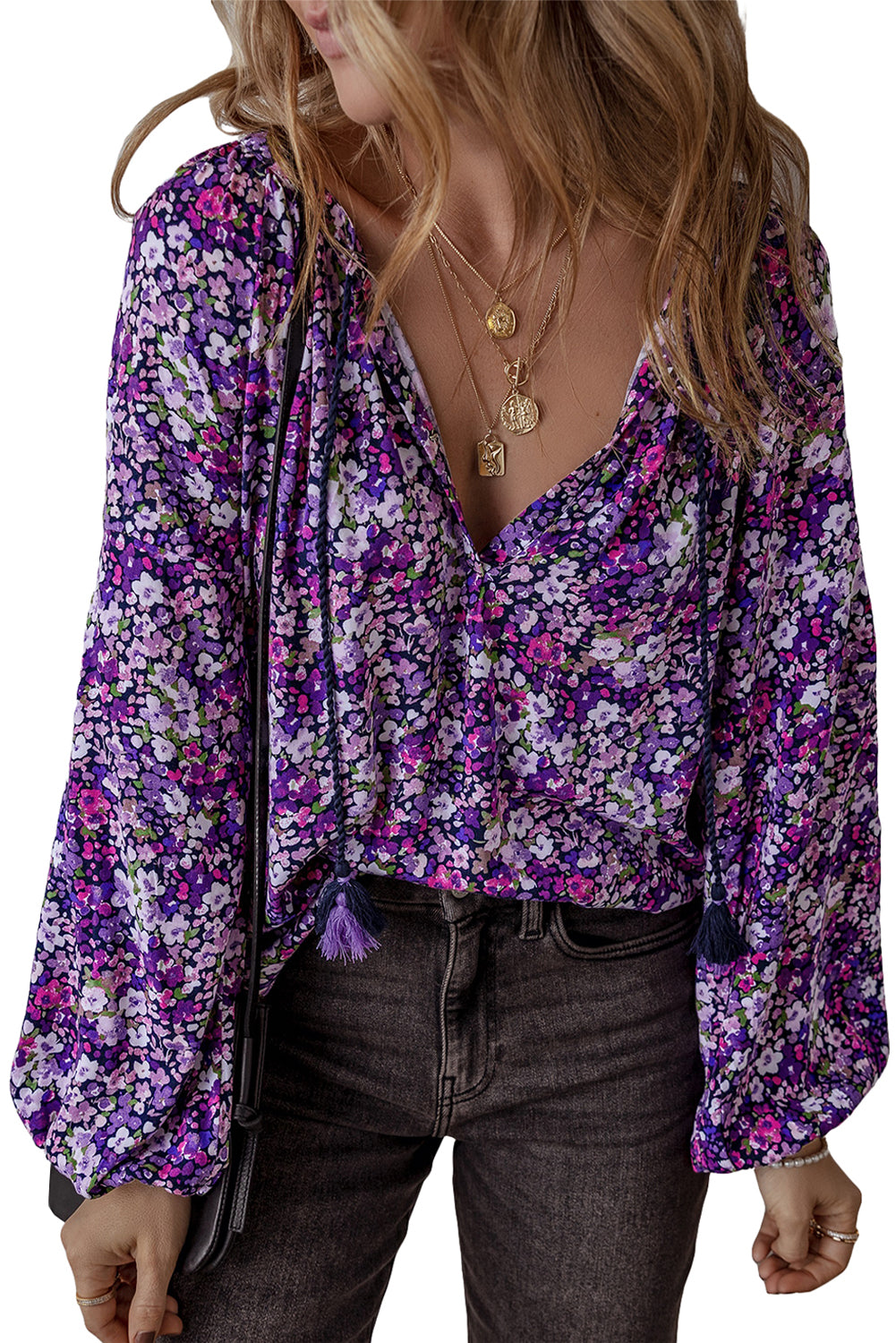 Purple Boho Ditsy Floral Split V Neck Bubble Sleeve Blouse