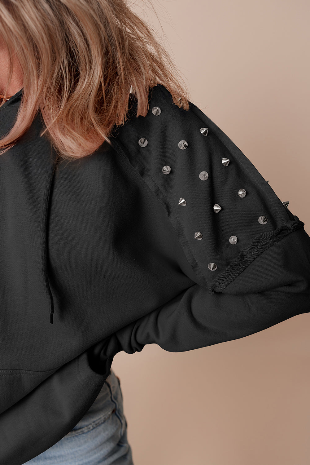 Black Stud Detail Kangaroo Pocket Drawstring Hoodie