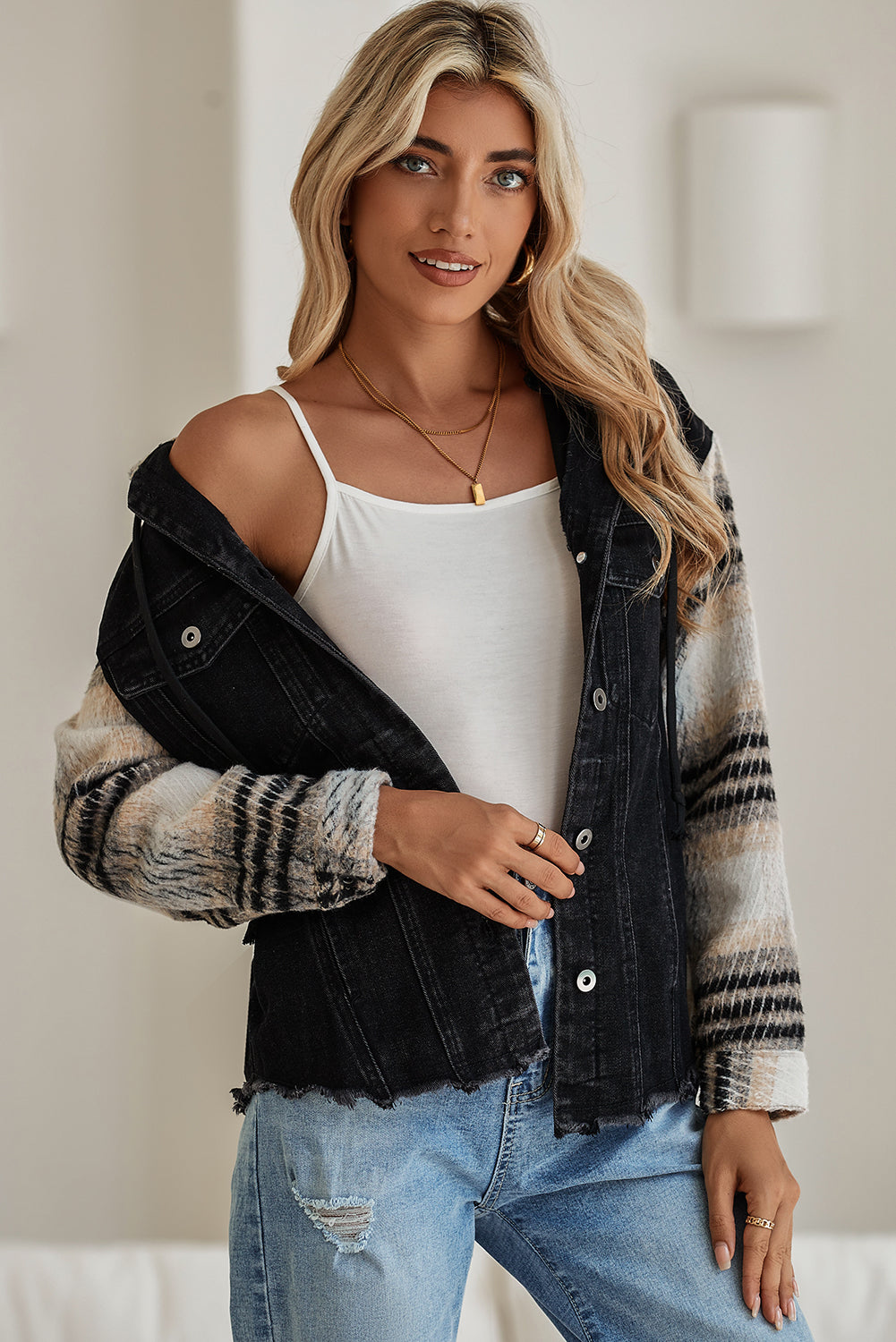 Black Patchwork Plaid Sleeve Frayed Hem Hooded Denim Jacket