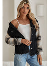 Black Patchwork Plaid Sleeve Frayed Hem Hooded Denim Jacket