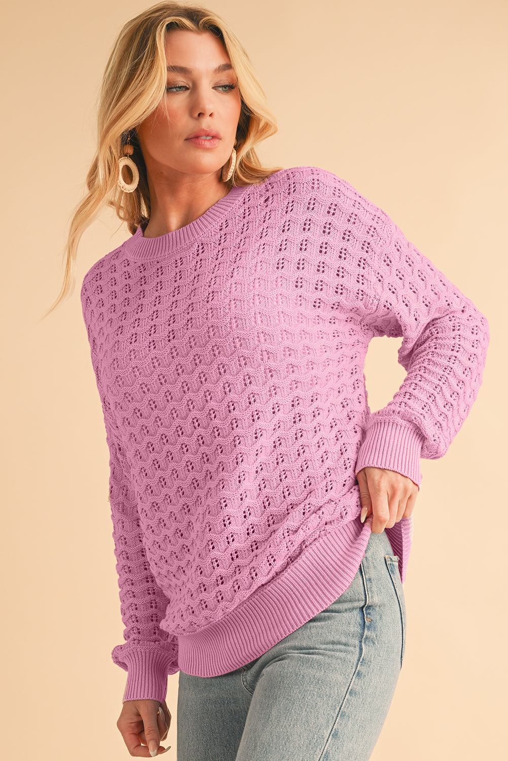 Pink Crochet Knit Drop Shoulder Sweater