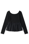 Black Pleated Hem Long Sleeve Ribbed Knit Top