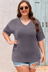Black Twist Corded V-Neck Plain Plus T-Shirt