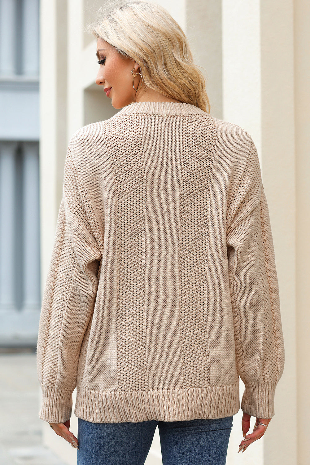 Pale Khaki Solid Color Ribbed Knit Round Neck Sweater