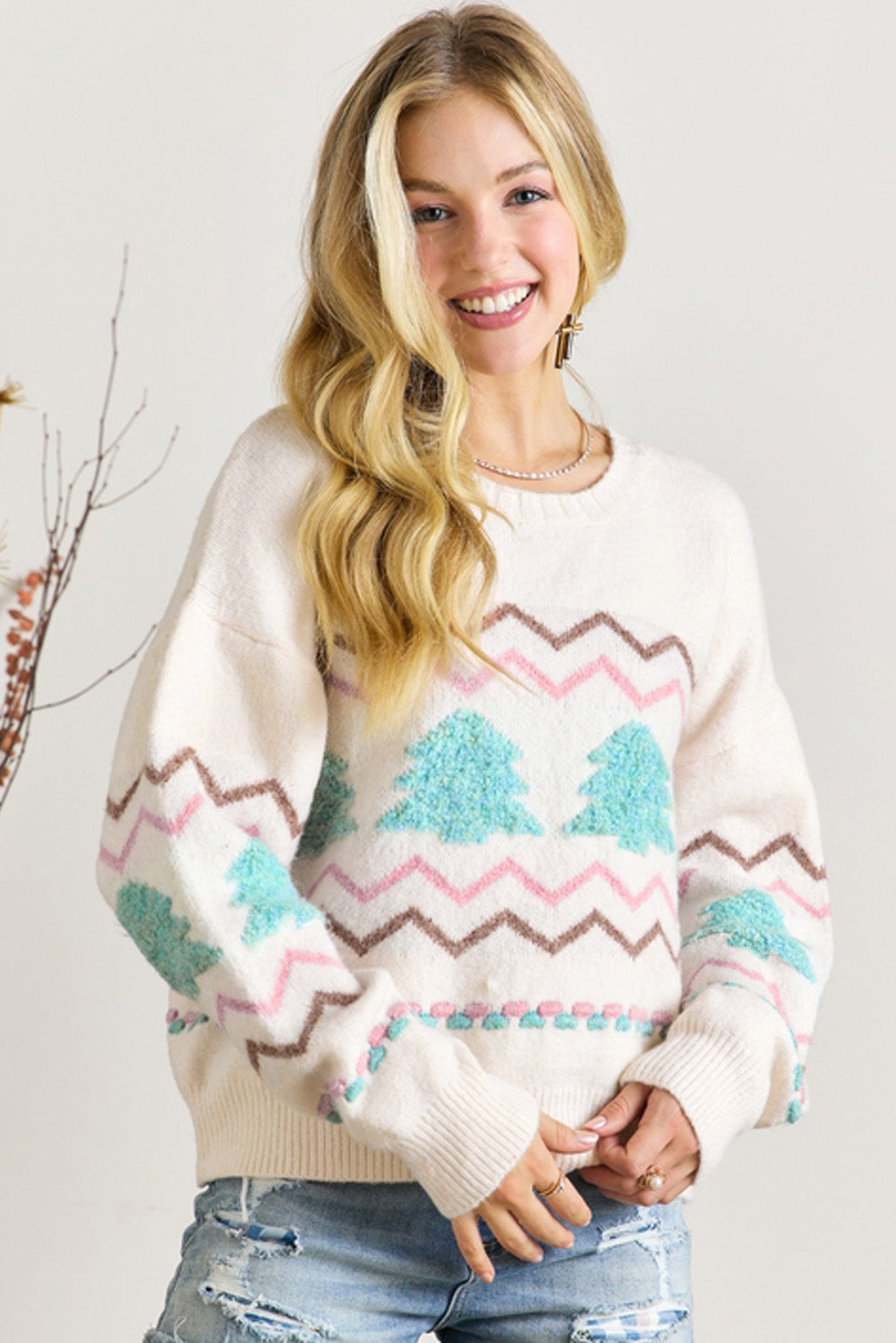 White Christmas Tree Wavy Striped Drop Sleeve Sweater