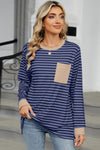 Black Striped Contrast Edge Loose Pocketed Long Sleeve Top