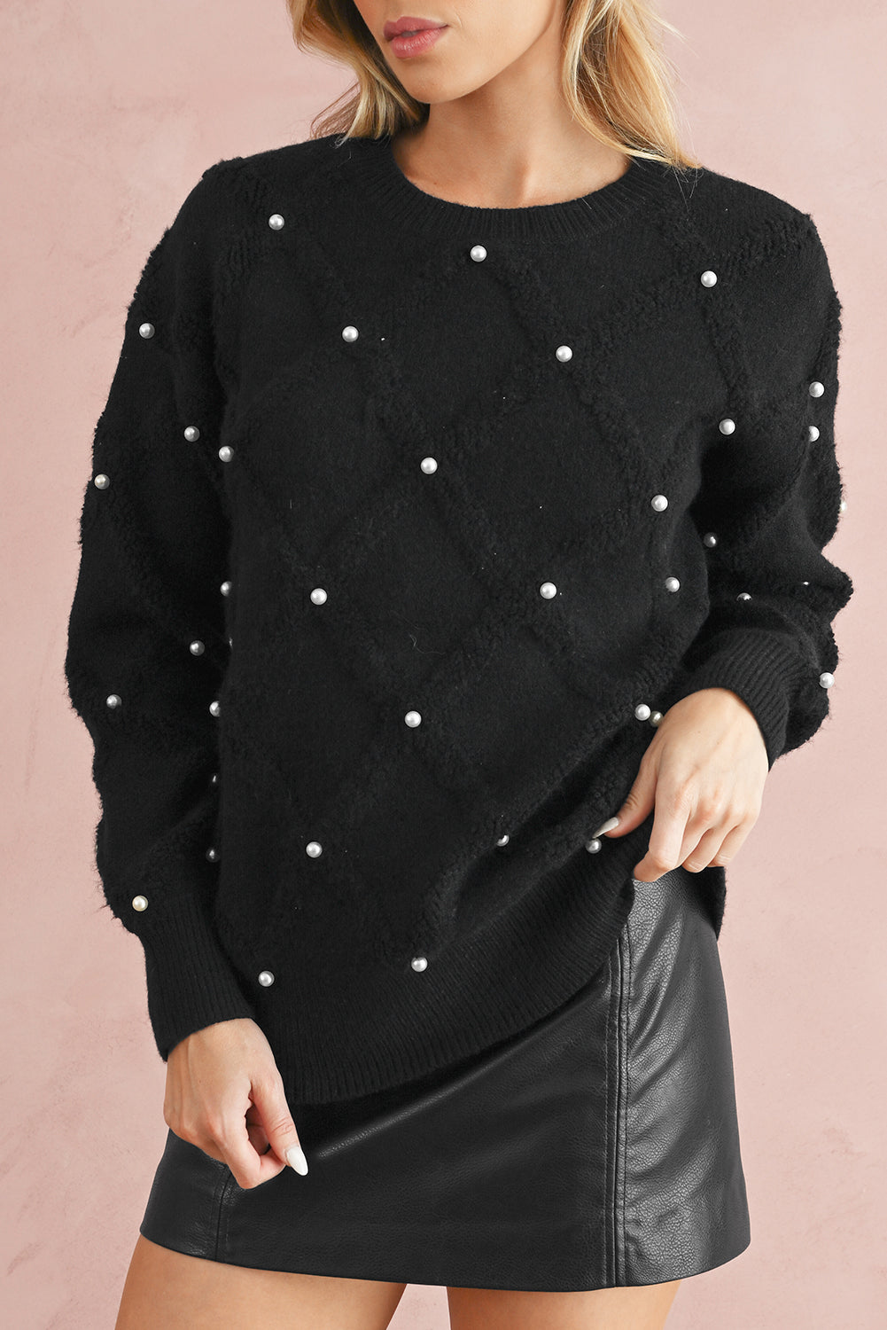 Black Pearl Embellished Rhombus Pattern Sweater