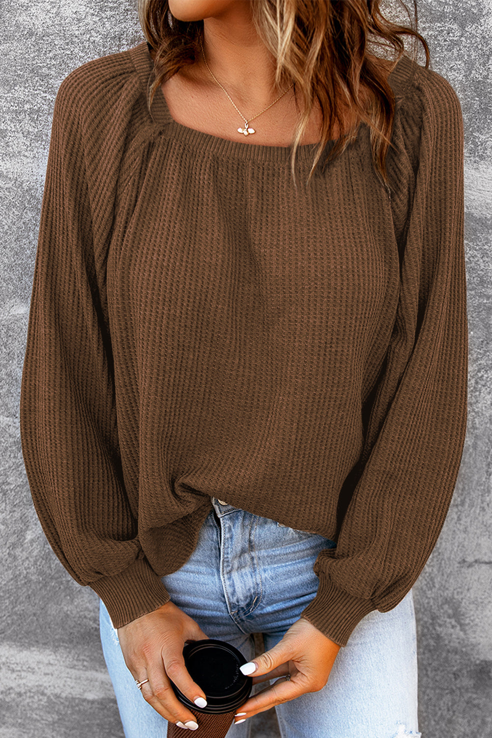 Brown Waffle Texture Casual Square Neck Pullover Top