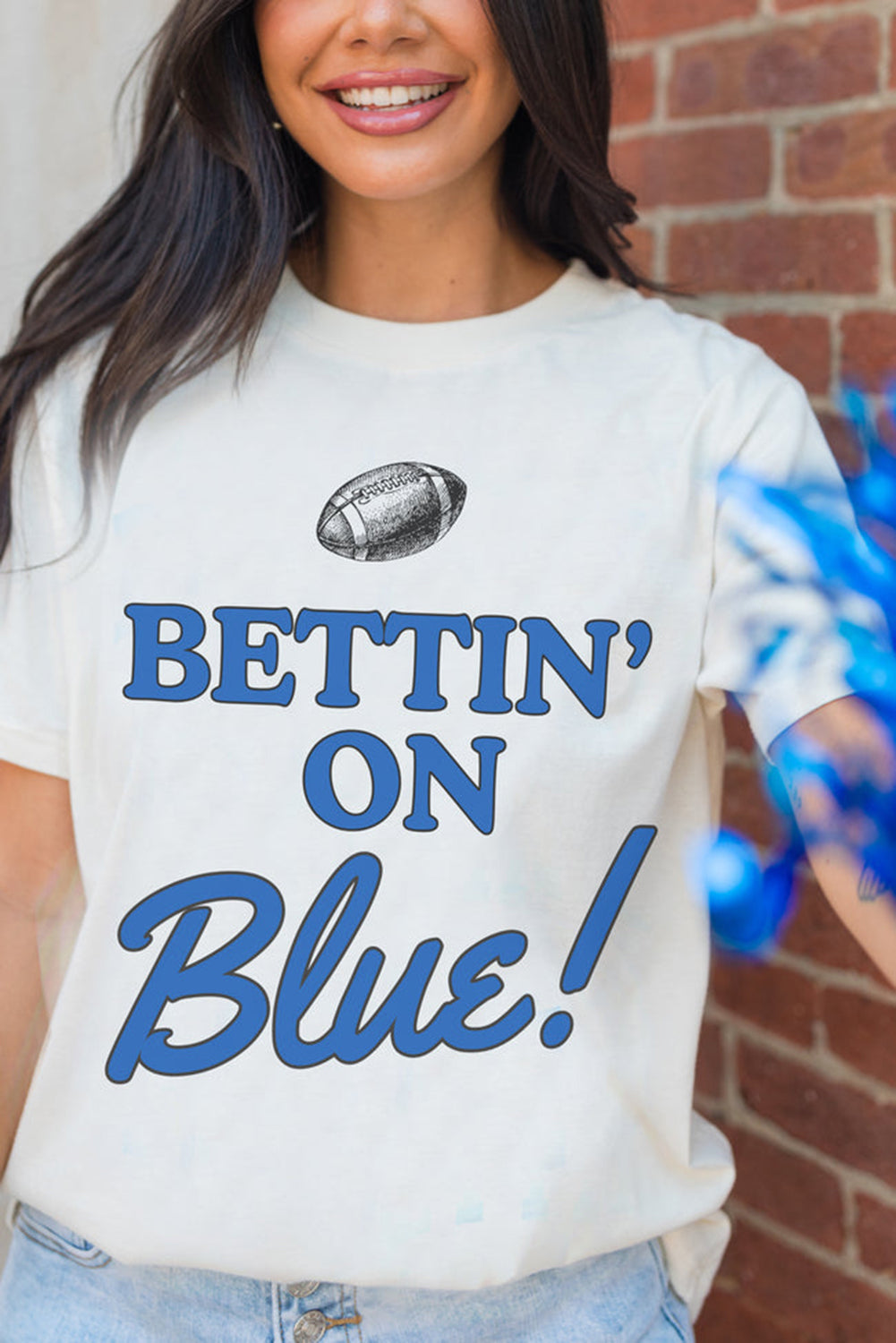 White Rugby Football BETTIN ON Blue Crewneck Graphic T Shirt