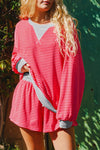 Red Striped Drop Shoulder Baggy Pullover and Shorts Casual Set