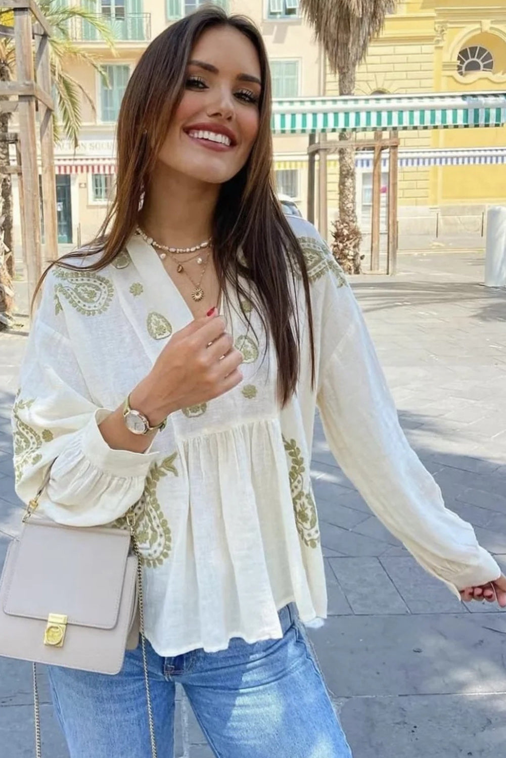 White Boho V Neck Floral Loose Blouse