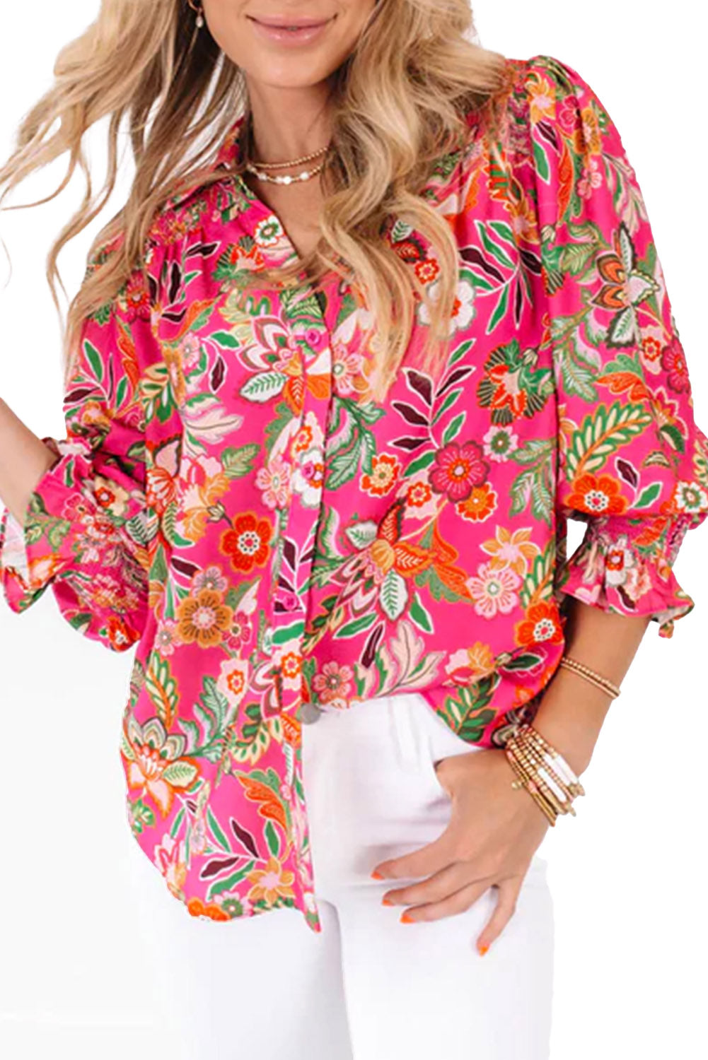 Pink Boho Floral Print Puff Sleeve Shirred Cuffs Blouse