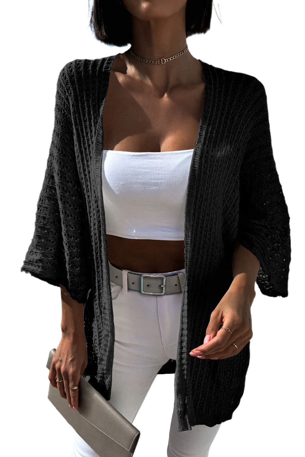 Rose Hollow-out Bracelet Sleeve Knit Cardigan