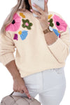 Beige Plus Size 60s Flower Pattern Ribbed Edge Sweater