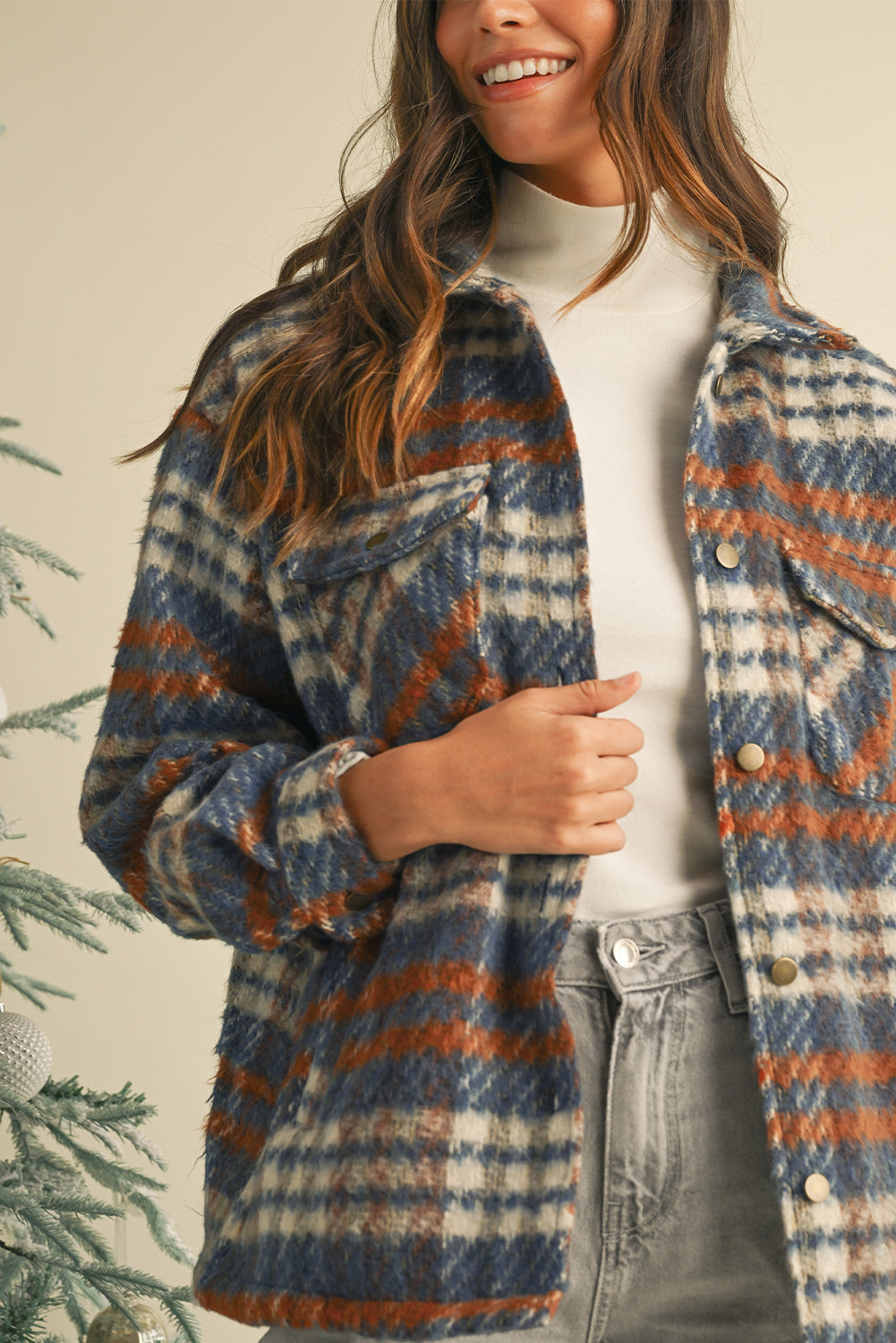 Cinnamon Plaid Print Chest Pockets Turn Down Collar Shacket