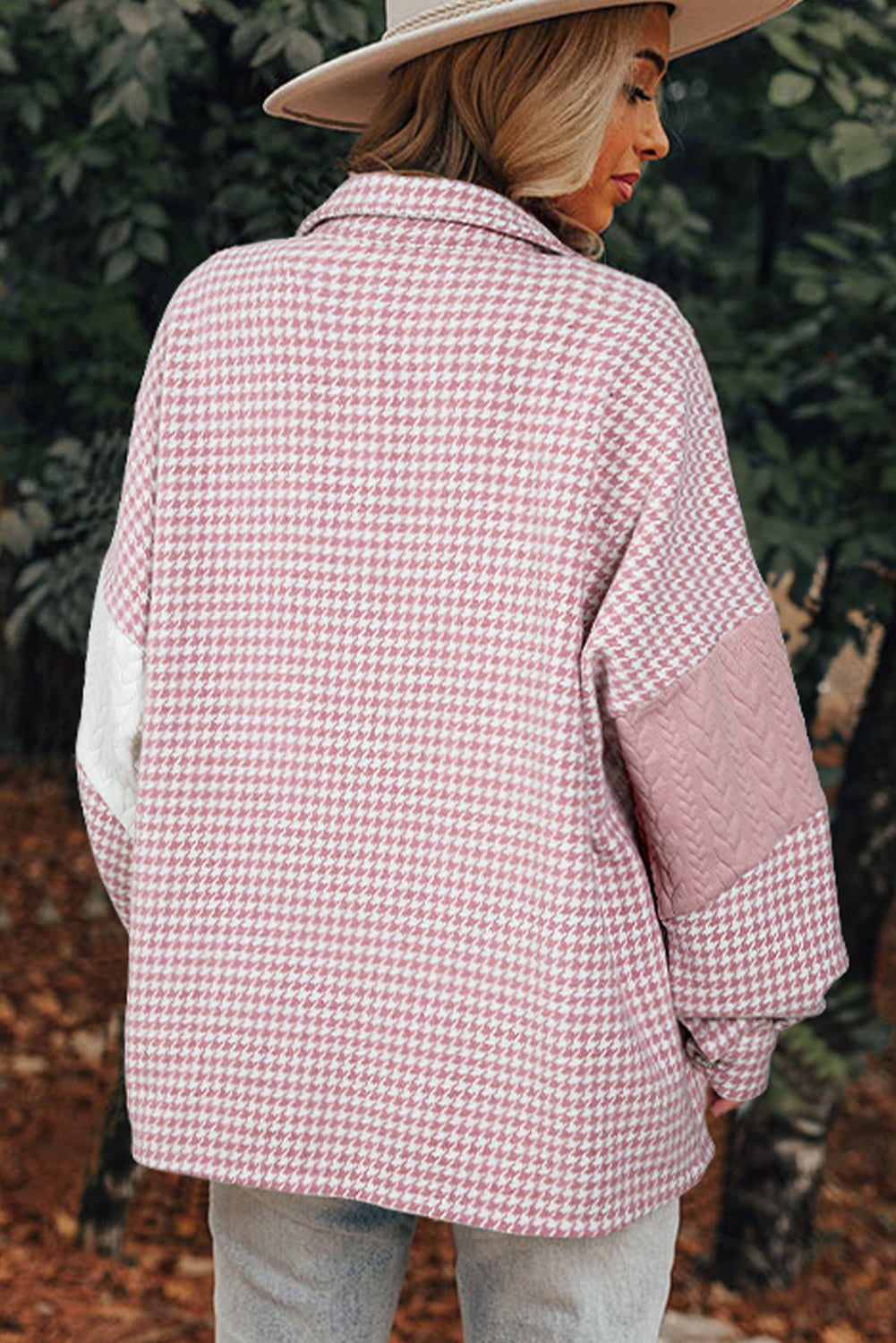 Pink Houndstooth Textured Patchwork Loose Shacket