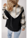 Black Patchwork Plaid Sleeve Frayed Hem Hooded Denim Jacket