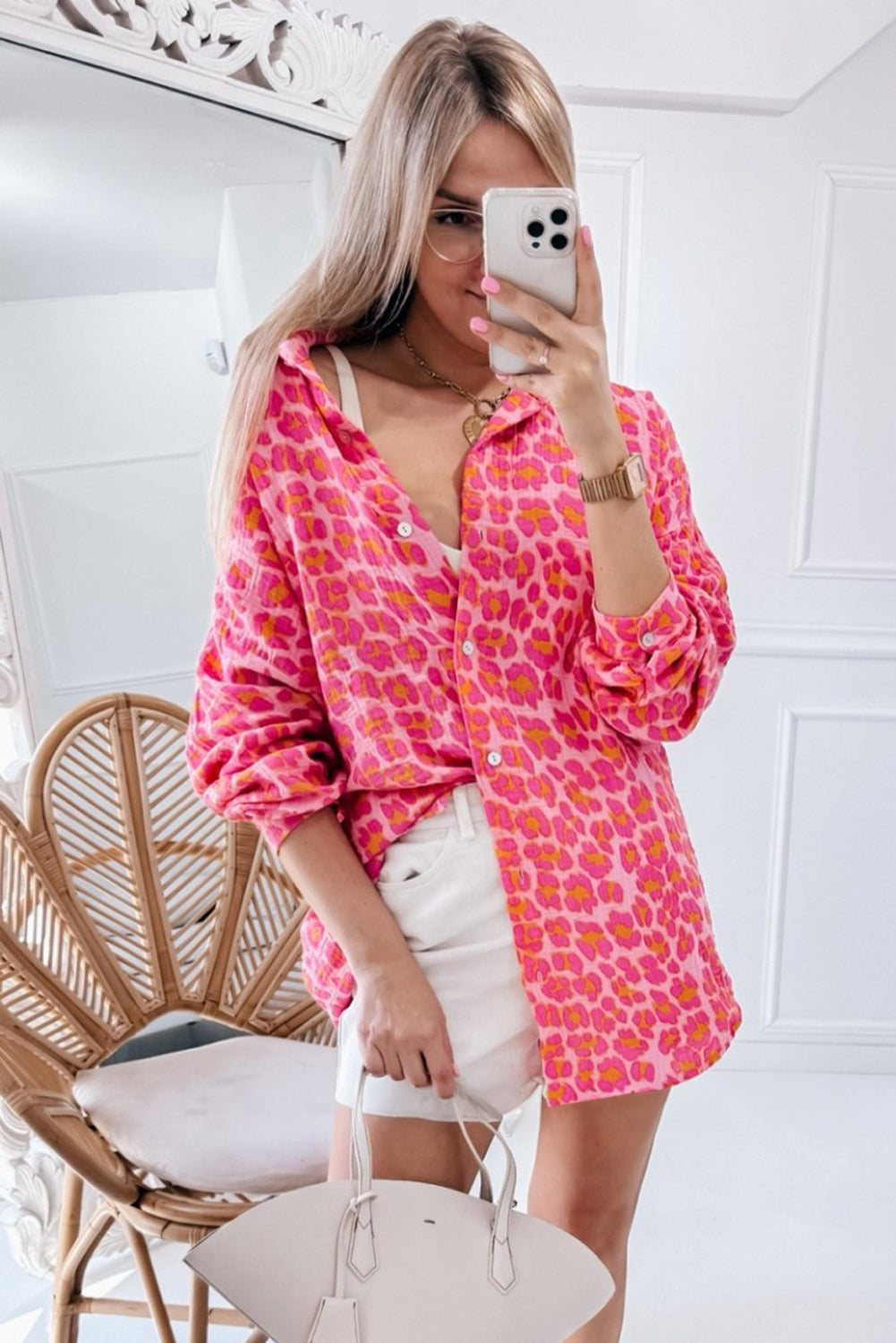 Rose Leopard Print Button-Up Crinkle Shirt