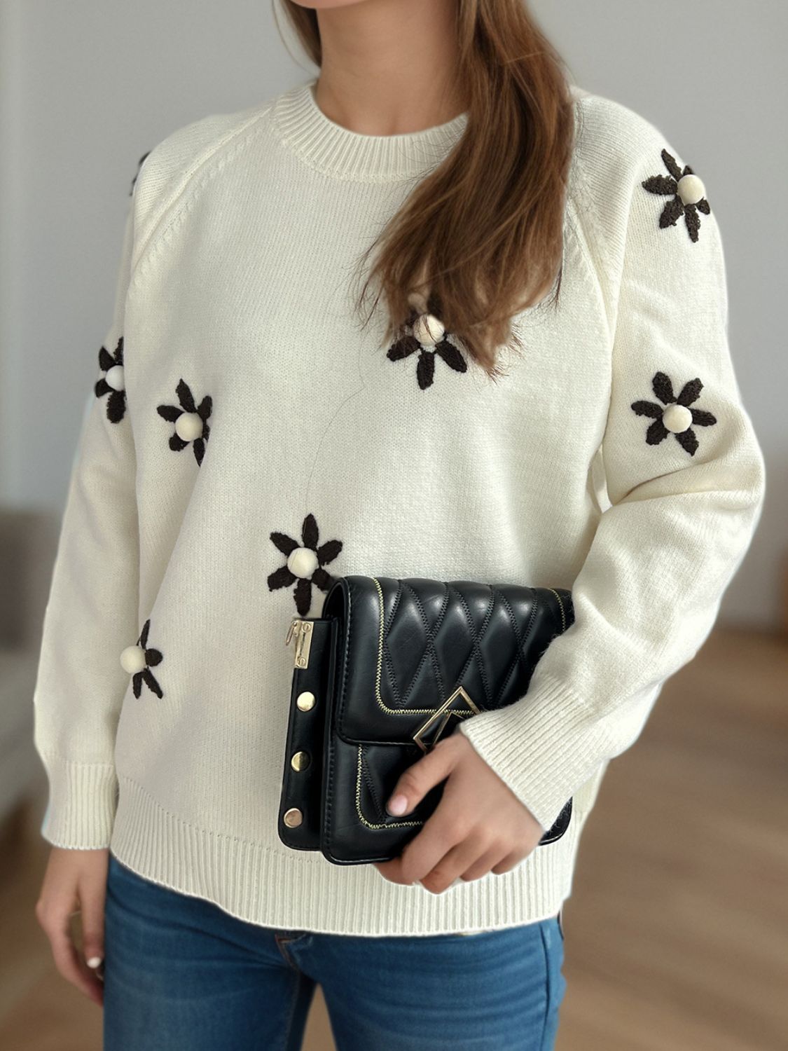 Flower Round Neck Raglan Sleeve Sweater